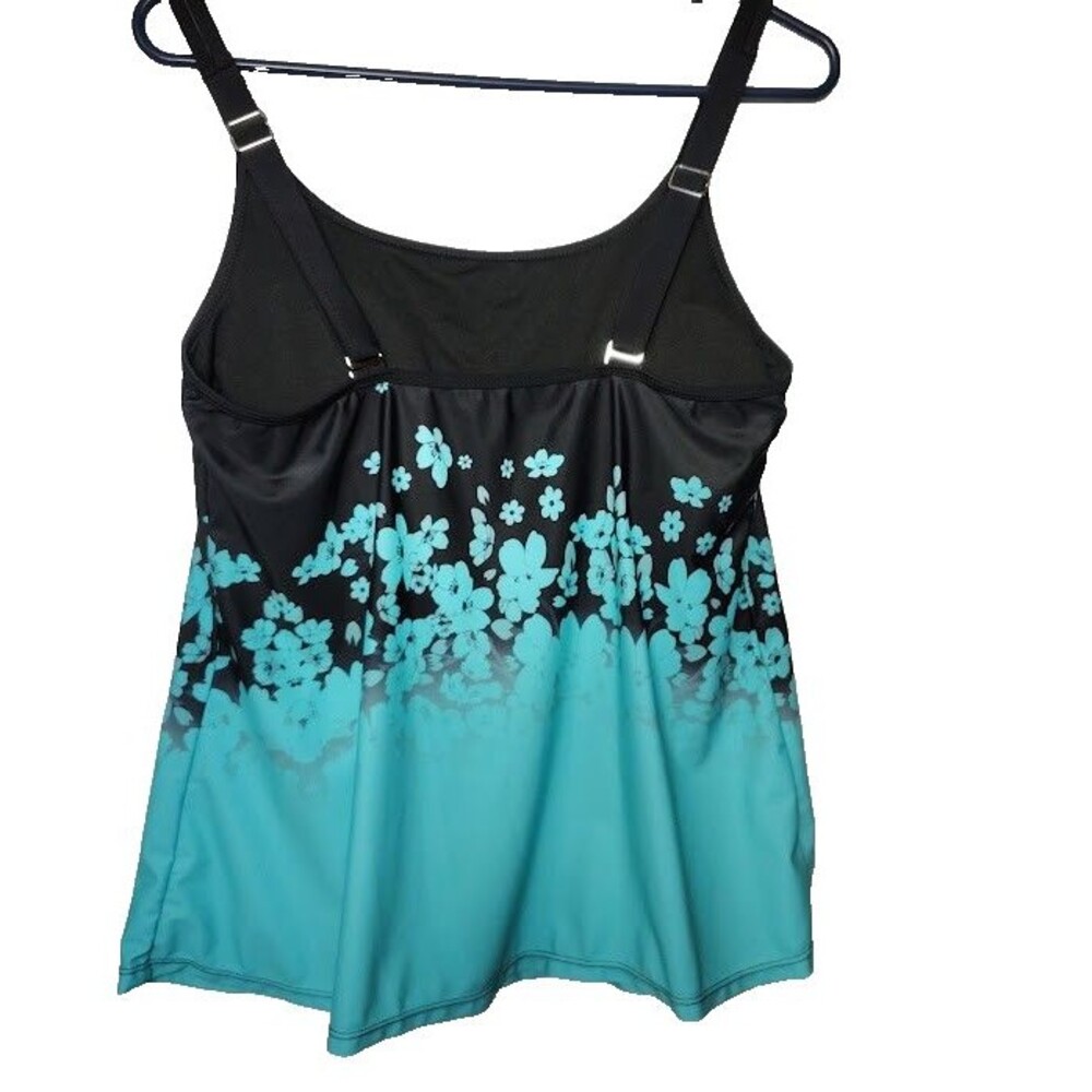 No Brand Tag Blue and Black Floral Tankini Top Only Size L Adjustable Straps 35 - Picture 2 of 4